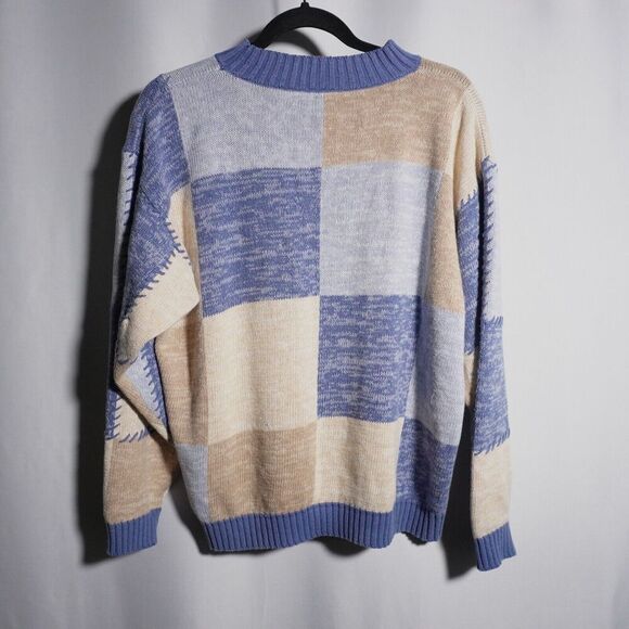 VTG 80s 90s Blue Tan Patchwork Knit Sweater Mens L Jantzen Quirky Grandpa Quirky - Picture 3 of 5